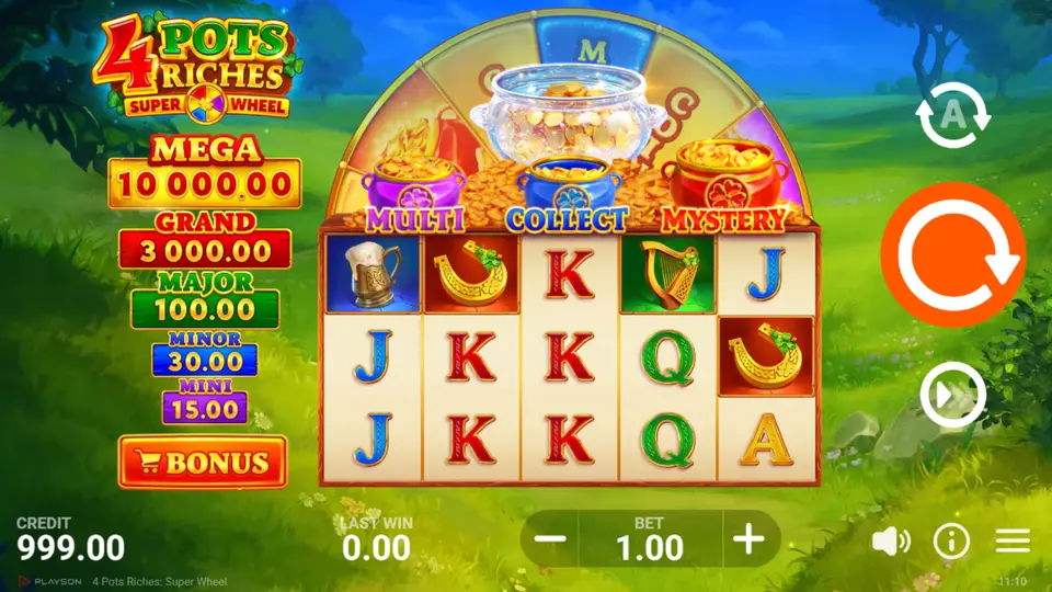 4 Pots Riches Super Wheel base game – Violet, Blue and Red Pot indicators above the reels