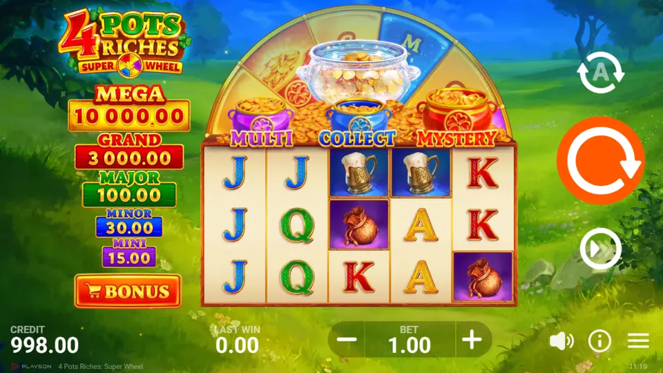 Three Clover Coins triggering the Bonus Game in 4 Pots Riches Super Wheel