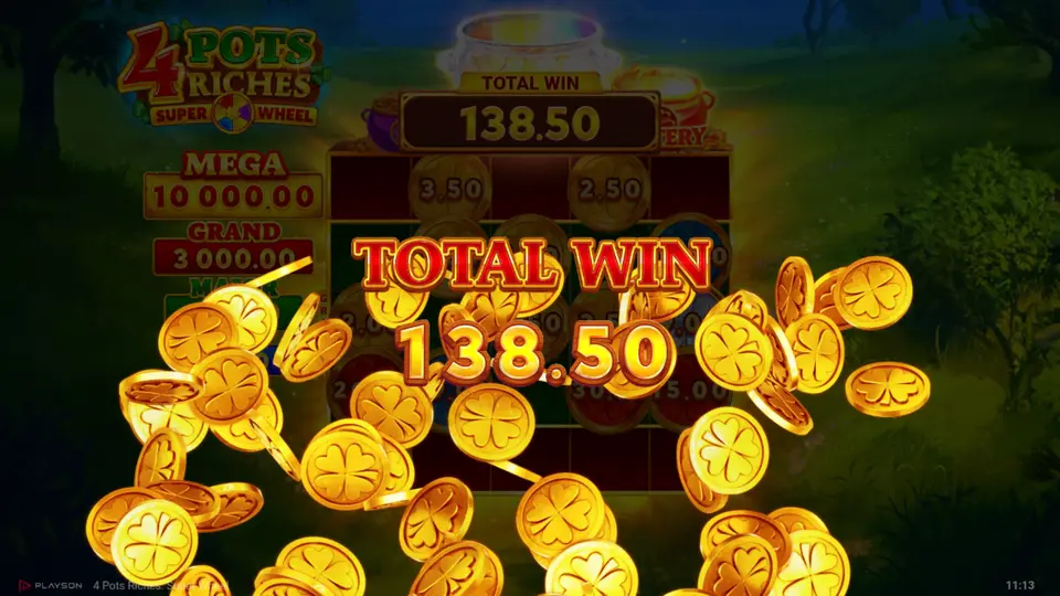 Grand Jackpot win screen showing 3,000x prize in 4 Pots Riches Super Wheel