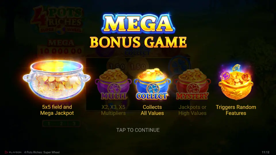 Mega Bonus Game 5x5 grid in 4 Pots Riches Super Wheel by Playson