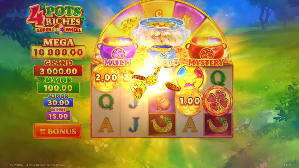 Red Clover Coin revealing the Major Jackpot in 4 Pots Riches Super Wheel Mystery Feature